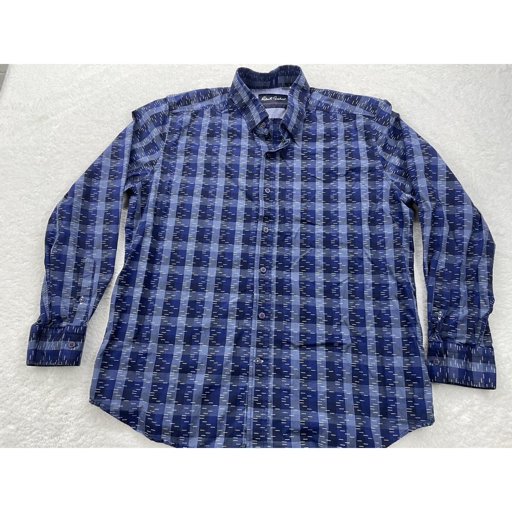Robert Graham Modern Americana Blue Plaid Dash Embroidered Shirt Tailored Fit XL